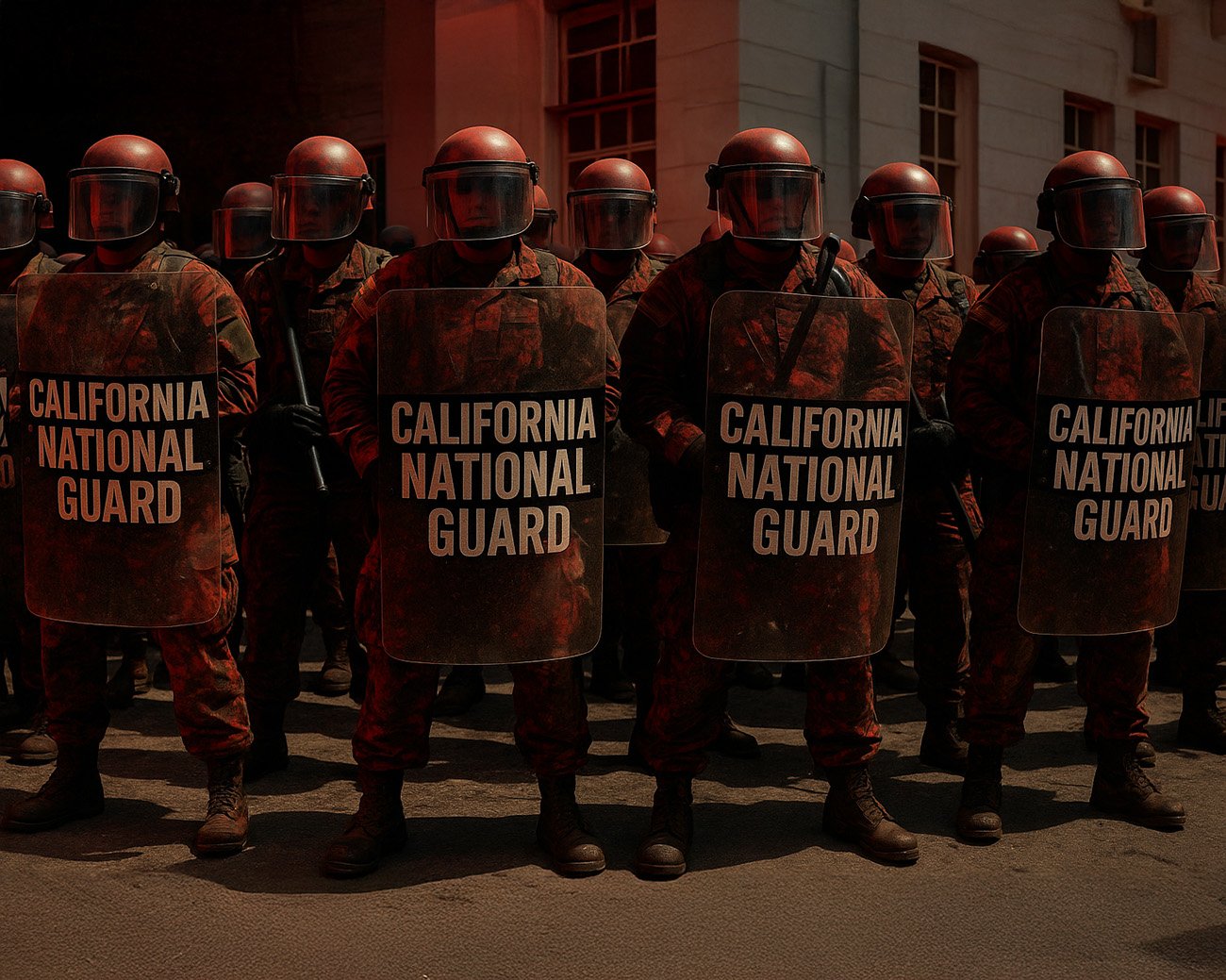 California National Guard soldaten met schilden en helmen tijdens protesten in Los Angeles.