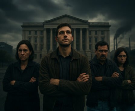 Vier personen met serieuze gezichten voor een imposant overheidsgebouw, industriële skyline op de achtergrond