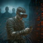 Persoon met VR-bril en smartphone vastgebonden aan datakabels in een serverruimte, met schaduwen van platformbazen op de achtergrond