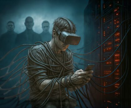 Persoon met VR-bril en smartphone vastgebonden aan datakabels in een serverruimte, met schaduwen van platformbazen op de achtergrond