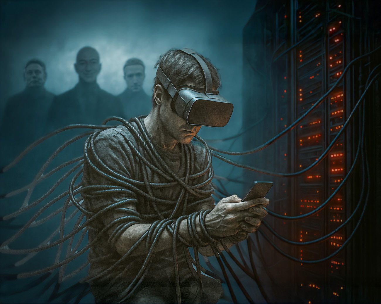 Persoon met VR-bril en smartphone vastgebonden aan datakabels in een serverruimte, met schaduwen van platformbazen op de achtergrond
