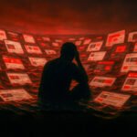 Silhouet van persoon die overspoeld wordt door schermen met digitale informatie en sociale media-vensters, rood en zwart