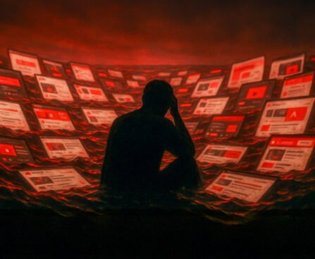 Silhouet van persoon die overspoeld wordt door schermen met digitale informatie en sociale media-vensters, rood en zwart