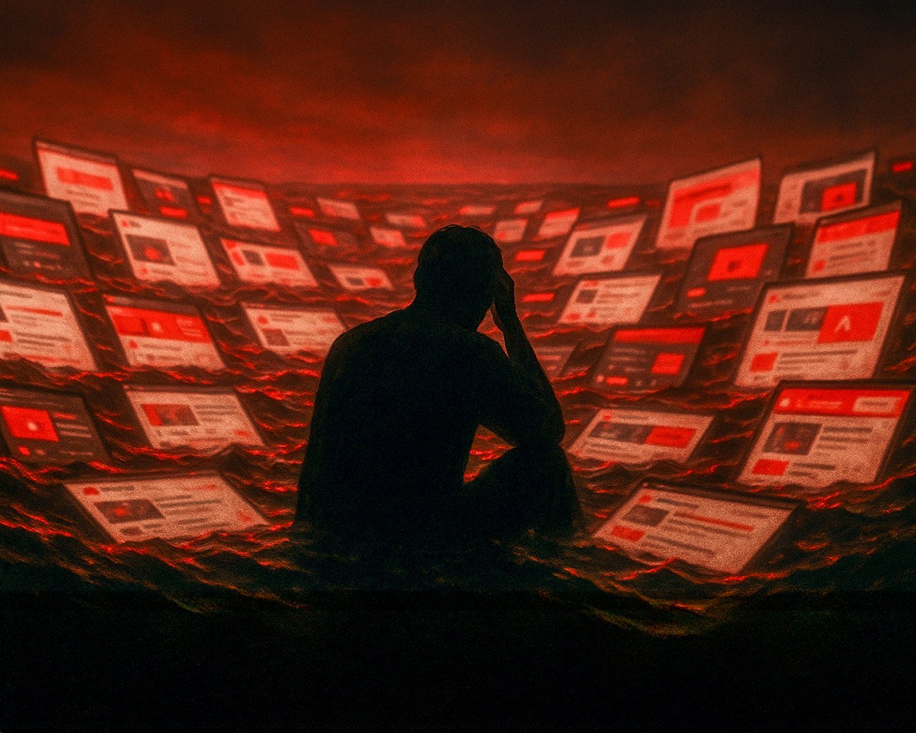 Silhouet van persoon die overspoeld wordt door schermen met digitale informatie en sociale media-vensters, rood en zwart