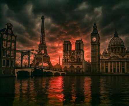 Combinatie van iconische Europese bouwwerken met rode lucht en waterreflecties