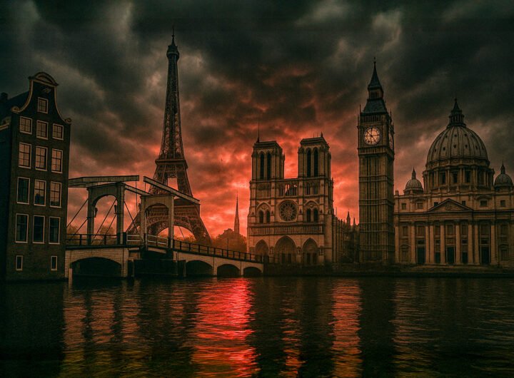 Combinatie van iconische Europese bouwwerken met rode lucht en waterreflecties