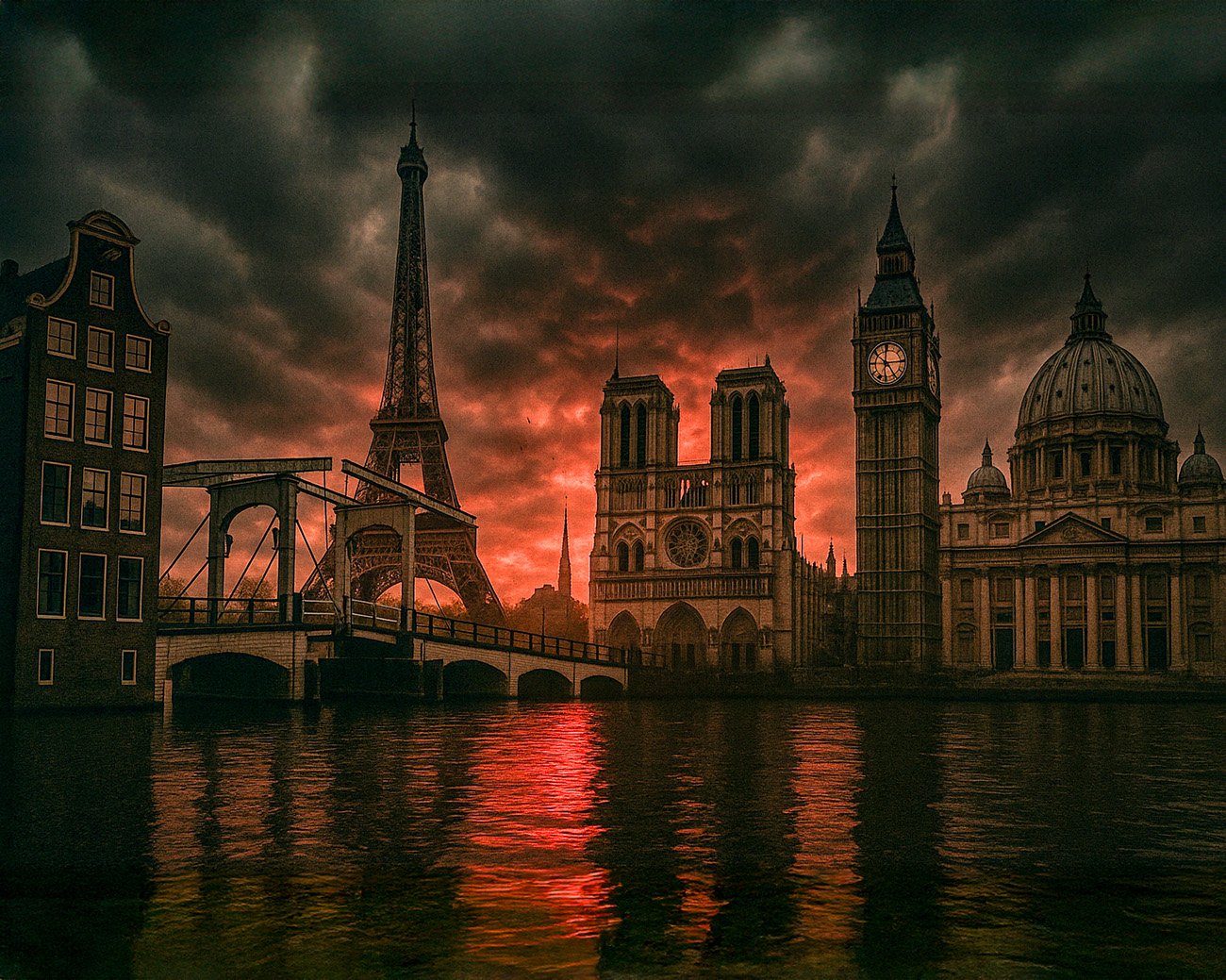 Combinatie van iconische Europese bouwwerken met rode lucht en waterreflecties