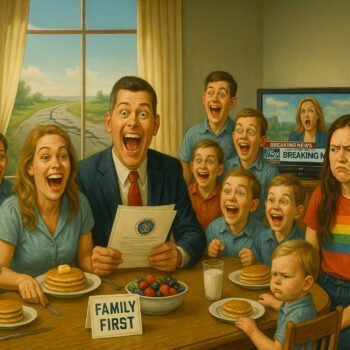 Grote Amerikaanse familie met vader als politicus aan ontbijttafel, kind met regenboogshirt kijkt ongelukkig