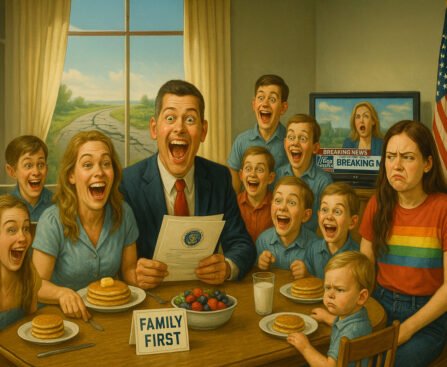 Grote Amerikaanse familie met vader als politicus aan ontbijttafel, kind met regenboogshirt kijkt ongelukkig