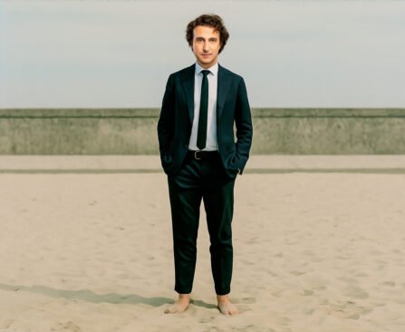 Jesse Klaver in pak op het strand als symbool van politiek leiderschap en loslaten