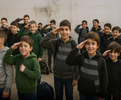 Kinderen op een schoolplein brengen groet, met speelse maar serieuze gezichtsuitdrukking, verwijzend naar collectieve rituelen van herinnering.