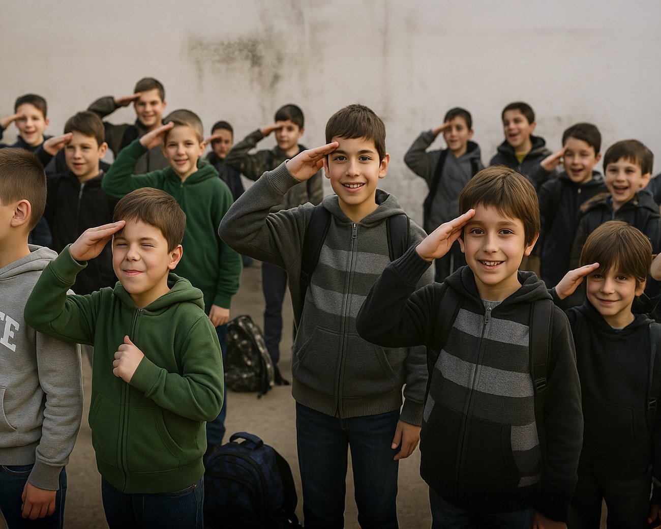Kinderen op een schoolplein brengen groet, met speelse maar serieuze gezichtsuitdrukking, verwijzend naar collectieve rituelen van herinnering.