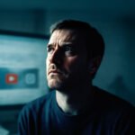 Man kijkt peinzend terwijl op de achtergrond sociale media-icoontjes zichtbaar zijn.