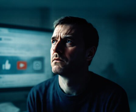 Man kijkt peinzend terwijl op de achtergrond sociale media-icoontjes zichtbaar zijn.