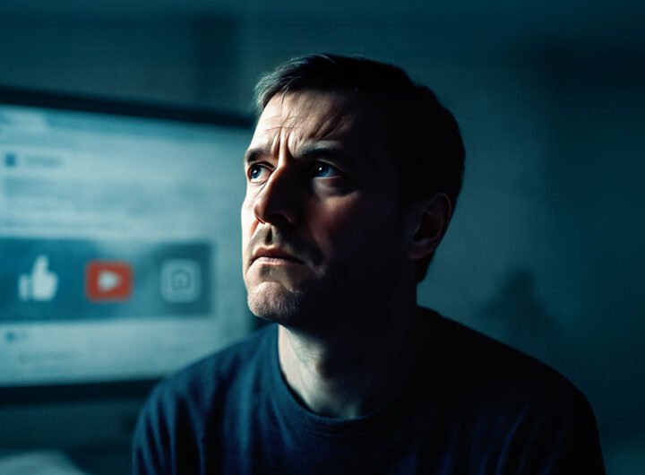 Man kijkt peinzend terwijl op de achtergrond sociale media-icoontjes zichtbaar zijn.