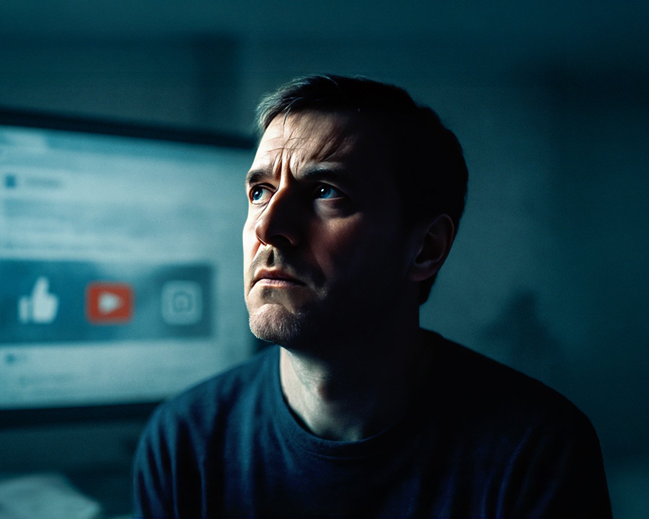 Man kijkt peinzend terwijl op de achtergrond sociale media-icoontjes zichtbaar zijn.