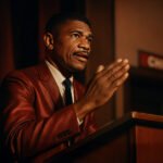 Medgar Evers spreekt gepassioneerd tijdens een bijeenkomst