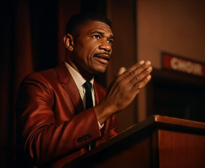 Medgar Evers spreekt gepassioneerd tijdens een bijeenkomst