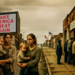 Moeders met kinderen voor een voedselbank in Amerika, met een Make America Great Again billboard op de achtergrond