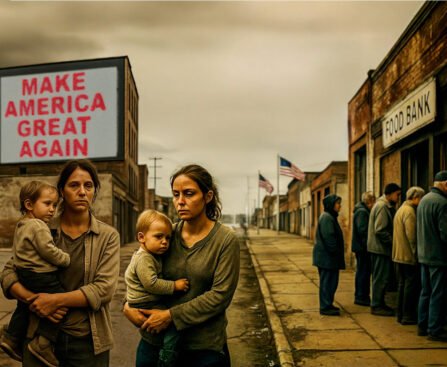 Moeders met kinderen voor een voedselbank in Amerika, met een Make America Great Again billboard op de achtergrond