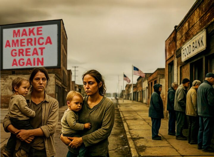 Moeders met kinderen voor een voedselbank in Amerika, met een Make America Great Again billboard op de achtergrond