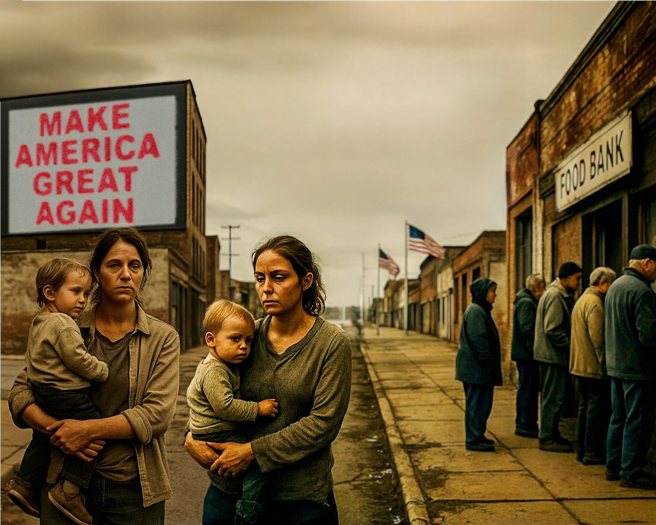 Moeders met kinderen voor een voedselbank in Amerika, met een Make America Great Again billboard op de achtergrond