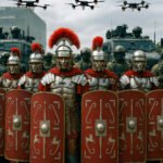 Romeinse soldaten in formatie met moderne soldaten en militaire voertuigen op de achtergrond