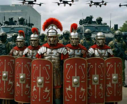 Romeinse soldaten in formatie met moderne soldaten en militaire voertuigen op de achtergrond
