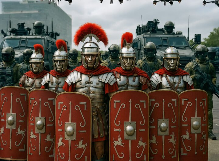Romeinse soldaten in formatie met moderne soldaten en militaire voertuigen op de achtergrond