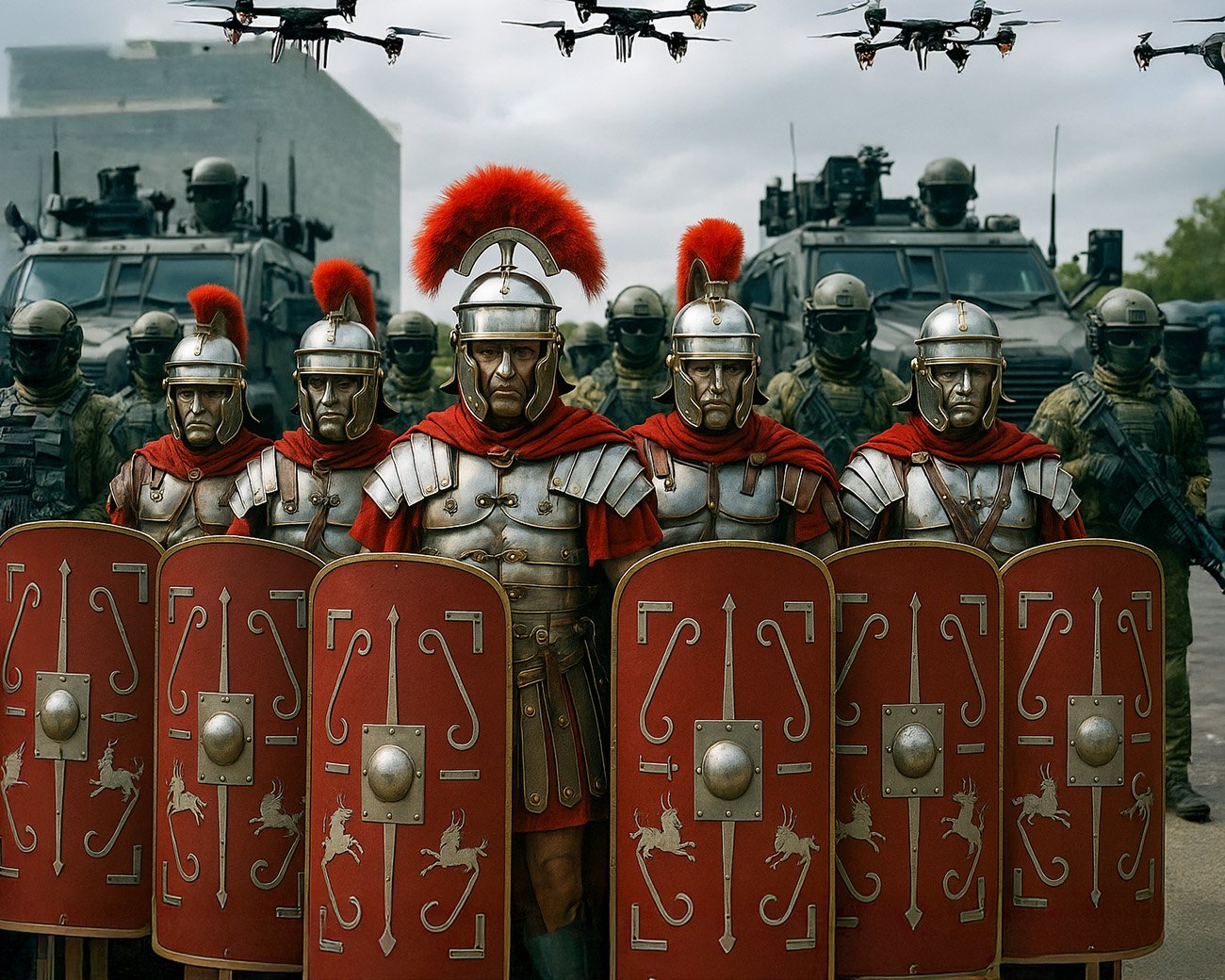 Romeinse soldaten in formatie met moderne soldaten en militaire voertuigen op de achtergrond