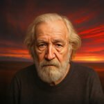 Noam Chomsky kijkt ernstig met een vurige zonsopgang op de achtergrond