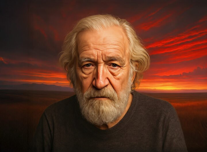 Noam Chomsky kijkt ernstig met een vurige zonsopgang op de achtergrond