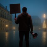Persoon met protestbord en megafoon op verlaten plein in Amsterdam