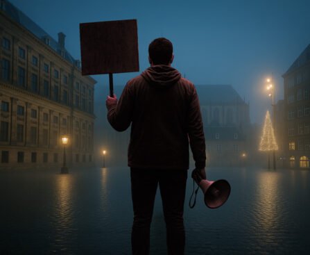 Persoon met protestbord en megafoon op verlaten plein in Amsterdam
