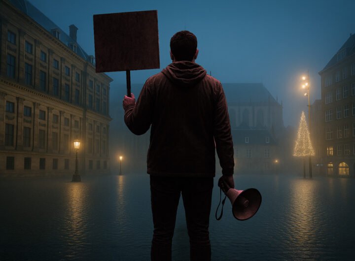Persoon met protestbord en megafoon op verlaten plein in Amsterdam