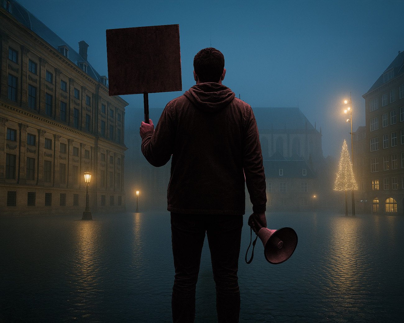 Persoon met protestbord en megafoon op verlaten plein in Amsterdam