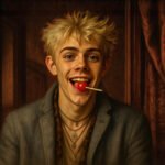 Jonge punker met blonde haren en een rode lolly, lachend in een warme kamer