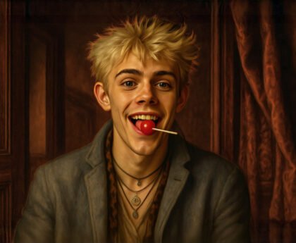Jonge punker met blonde haren en een rode lolly, lachend in een warme kamer