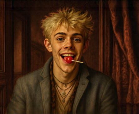 Jonge punker met blonde haren en een rode lolly, lachend in een warme kamer