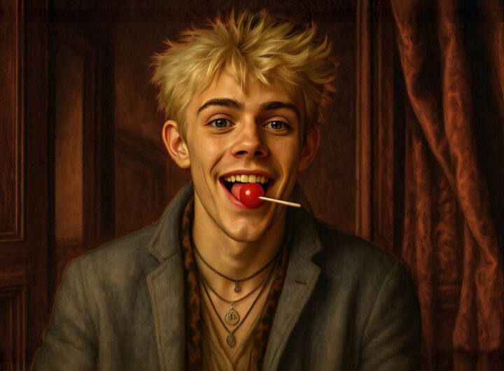 Jonge punker met blonde haren en een rode lolly, lachend in een warme kamer