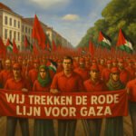 Demonstranten in rode kleding dragen spandoek met de tekst “Wij trekken de rode lijn voor Gaza”, omringd door rode en Palestijnse vlaggen.