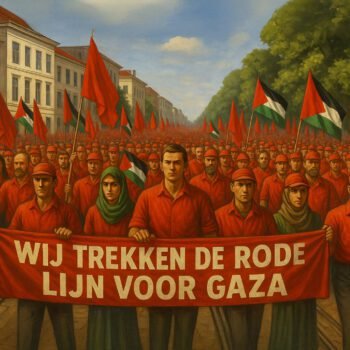 Demonstranten in rode kleding dragen spandoek met de tekst “Wij trekken de rode lijn voor Gaza”, omringd door rode en Palestijnse vlaggen.
