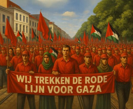 Demonstranten in rode kleding dragen spandoek met de tekst “Wij trekken de rode lijn voor Gaza”, omringd door rode en Palestijnse vlaggen.