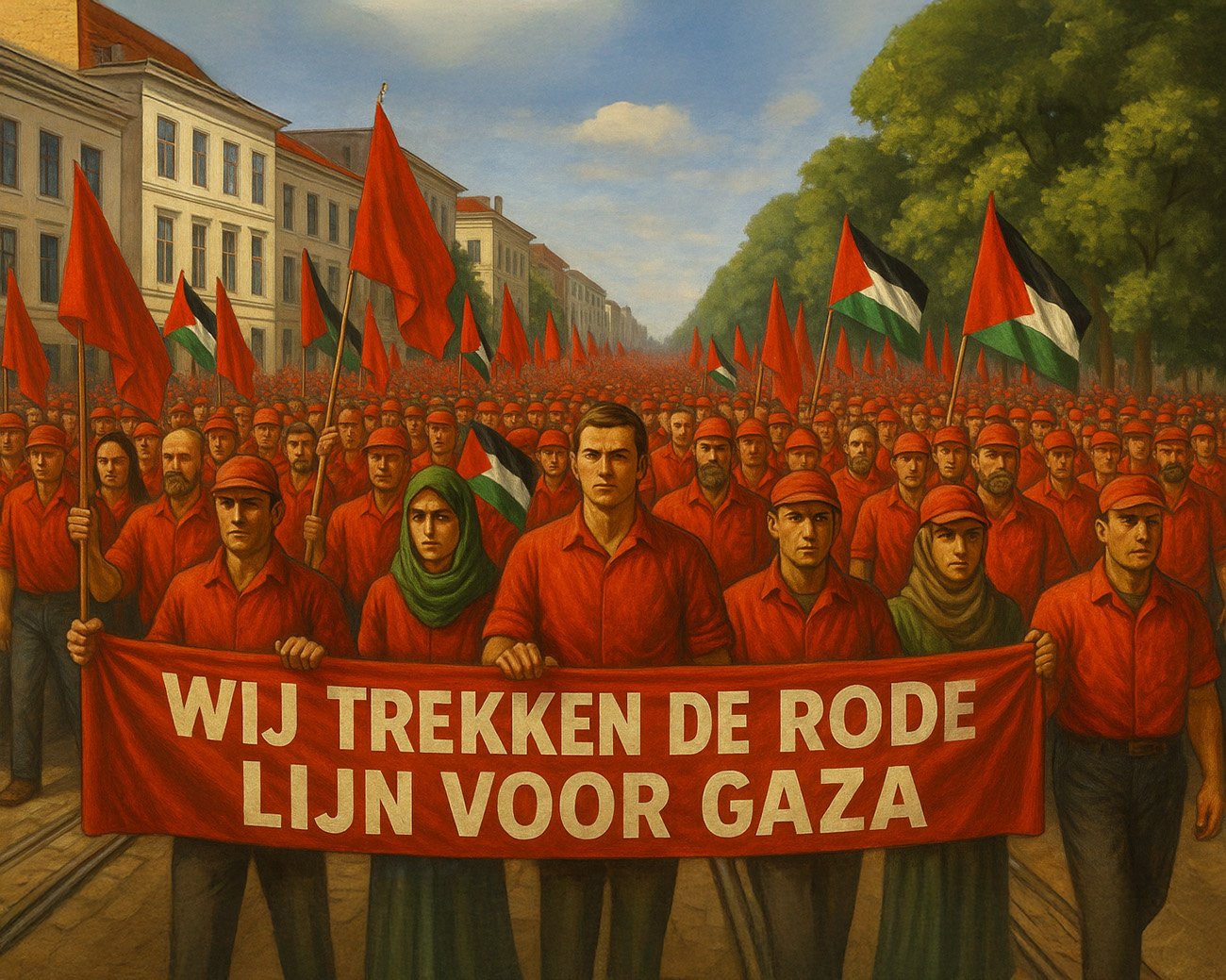 Demonstranten in rode kleding dragen spandoek met de tekst “Wij trekken de rode lijn voor Gaza”, omringd door rode en Palestijnse vlaggen.