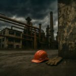 Industriële fabriek met een rode bouwhelm en werkhandschoenen op de voorgrond, onder een donkere lucht