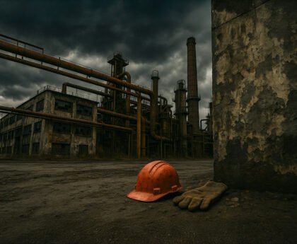Industriële fabriek met een rode bouwhelm en werkhandschoenen op de voorgrond, onder een donkere lucht