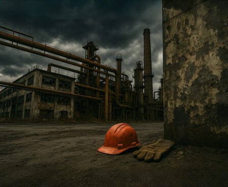 Industriële fabriek met een rode bouwhelm en werkhandschoenen op de voorgrond, onder een donkere lucht