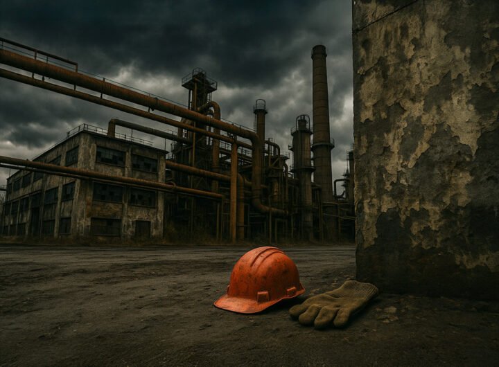 Industriële fabriek met een rode bouwhelm en werkhandschoenen op de voorgrond, onder een donkere lucht