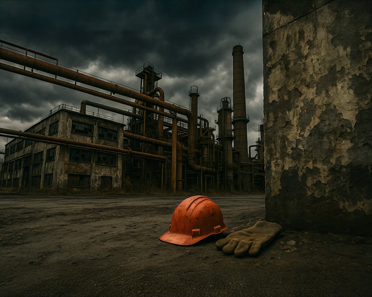 Industriële fabriek met een rode bouwhelm en werkhandschoenen op de voorgrond, onder een donkere lucht