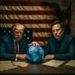 Donald Trump en Elon Musk aan een tafel met een digitale wereldbol, verscheurde Amerikaanse grondwet en documenten getiteld “Project 2025” en “D.O.G.E.”, voor een beschadigde Amerikaanse vlag.